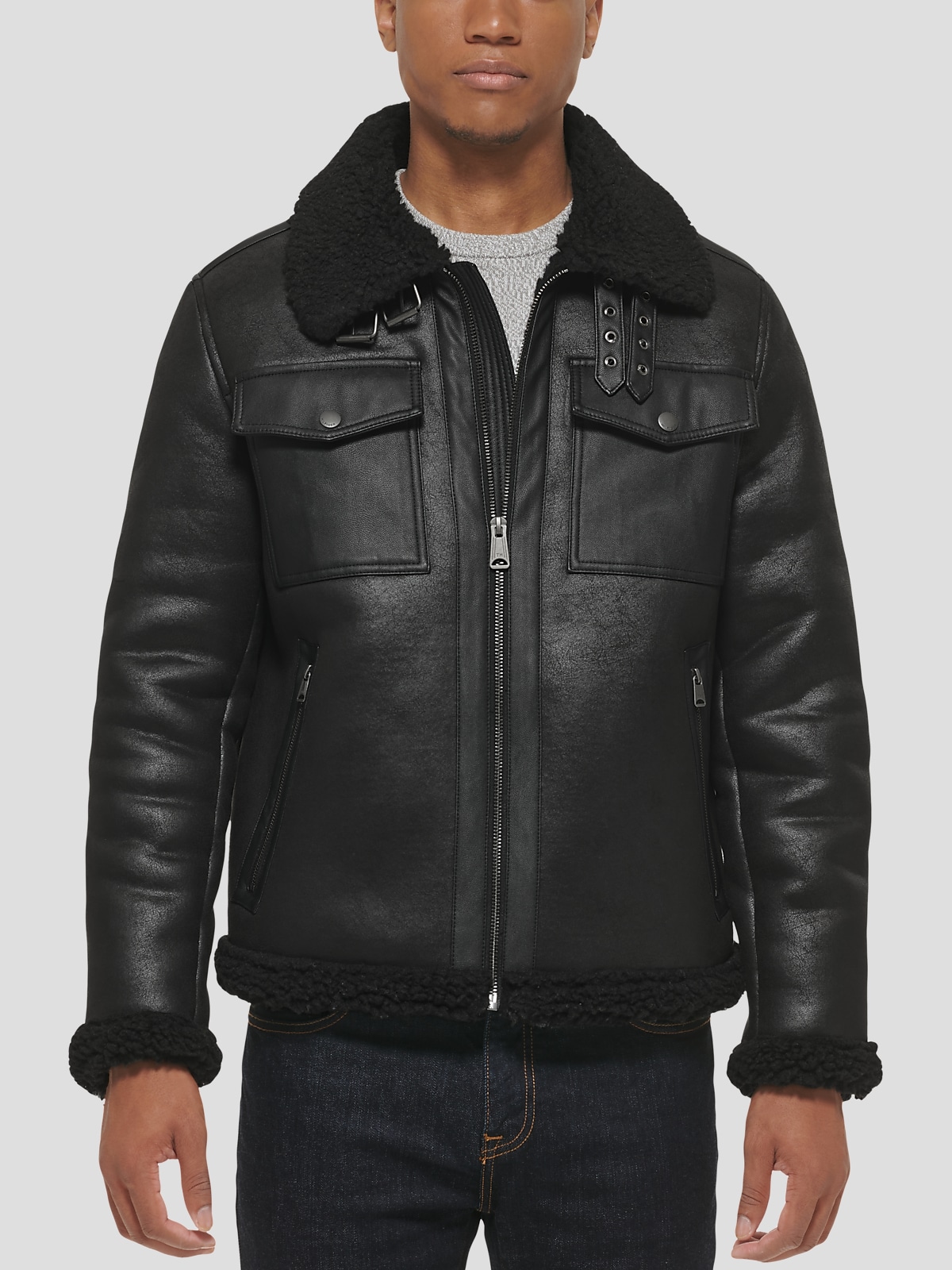 Tommy Hilfiger Modern Fit Leather and Shearling Aviator Jacket | All Sale| Men's Wearhouse