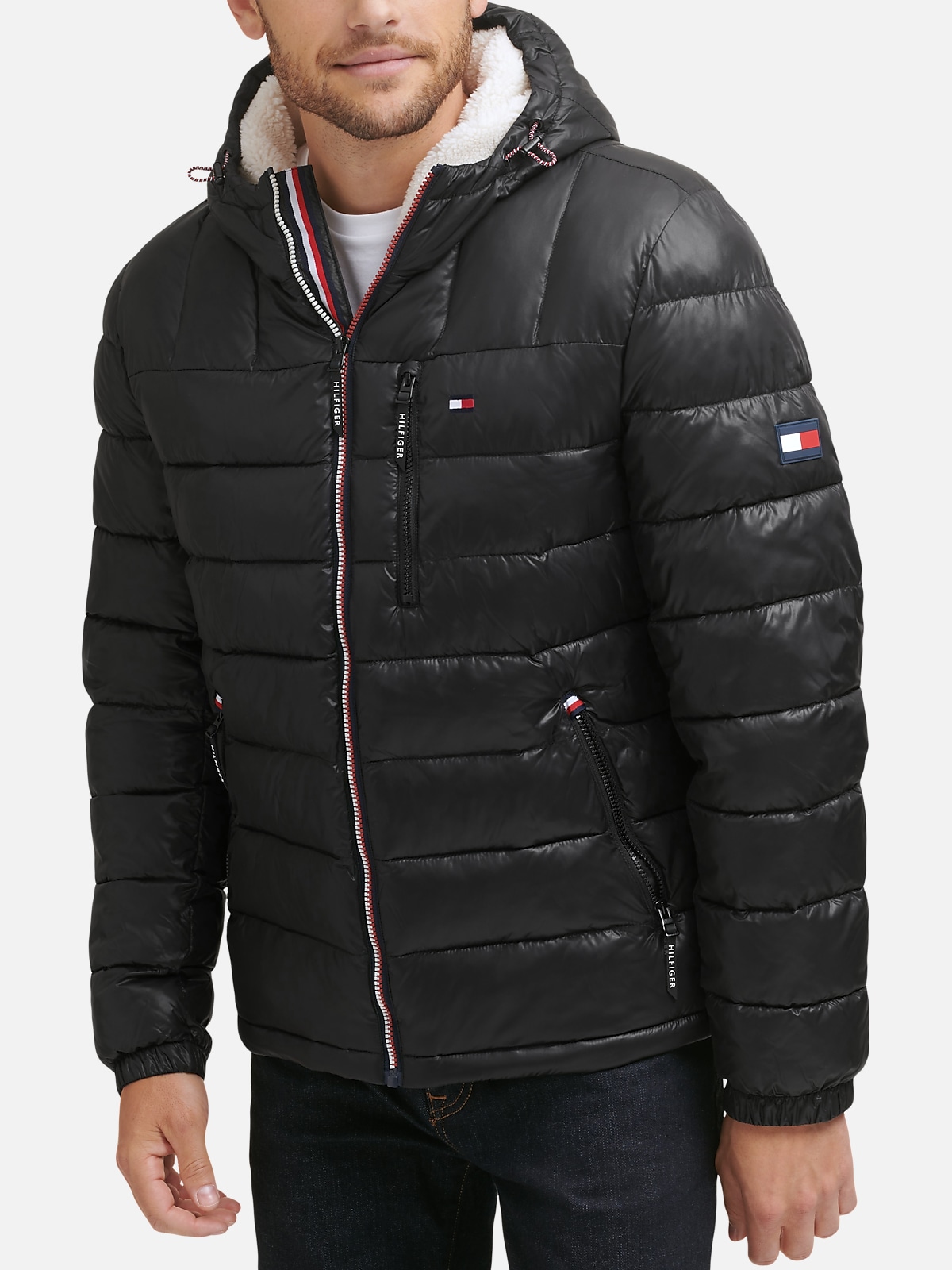 Tommy Hilfiger Modern Fit Quilted Puffer Jacket With Faux Sherpa Hood ...