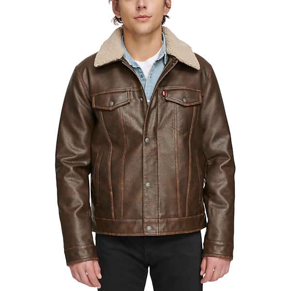 Levi's Men's Modern Fit Faux Leather Trucker Jacket with Removable Sherpa Collar Brown - Size: Large