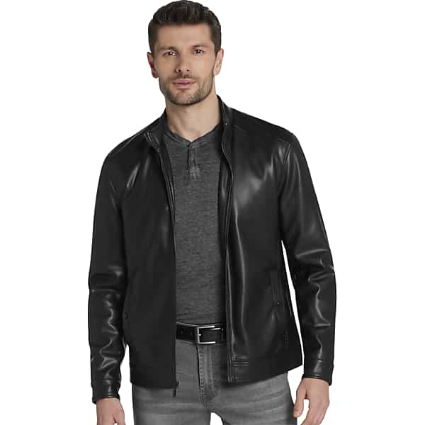 Awearness Kenneth Cole Men's Modern Fit Faux Lambskin Leather Bomber Black Solid - Size: Medium