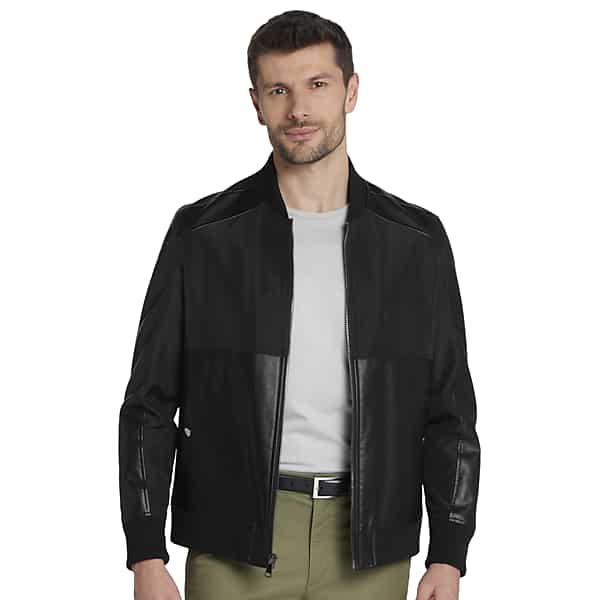 George Austin Men's Modern Fit Faux Leather Bomber Black Solid - Size: Small
