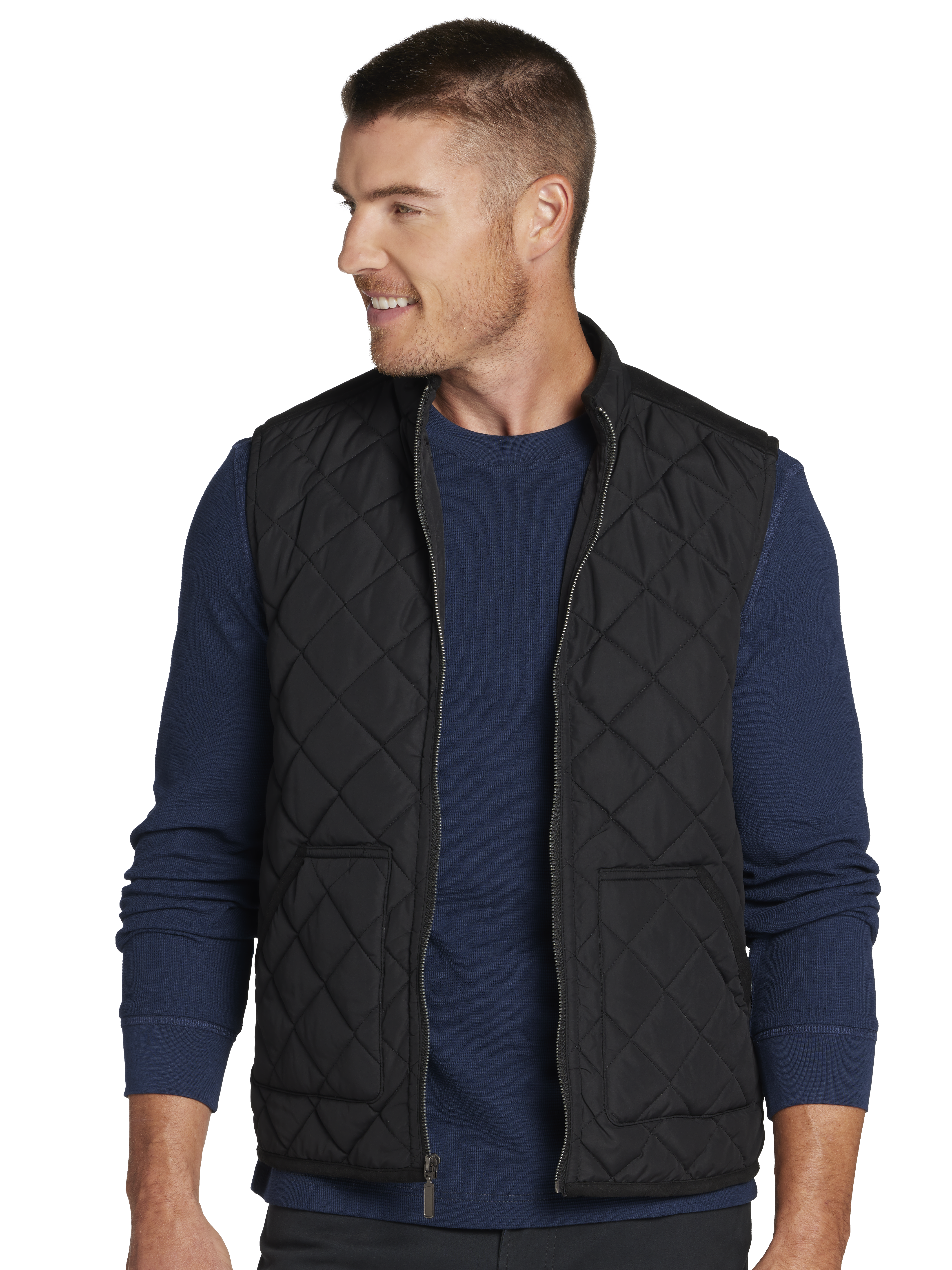 Modern Fit Quilted Vest With Faux Suede Piping