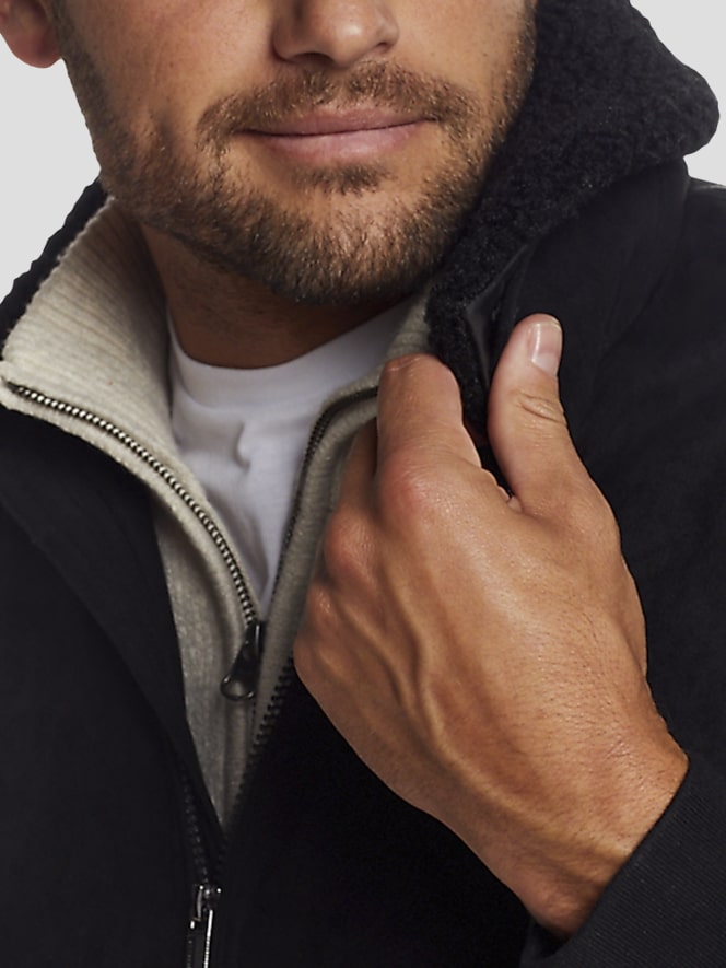 Weatherproof Microsuede Bomber Jacket with Detachable Faux Fur Collar