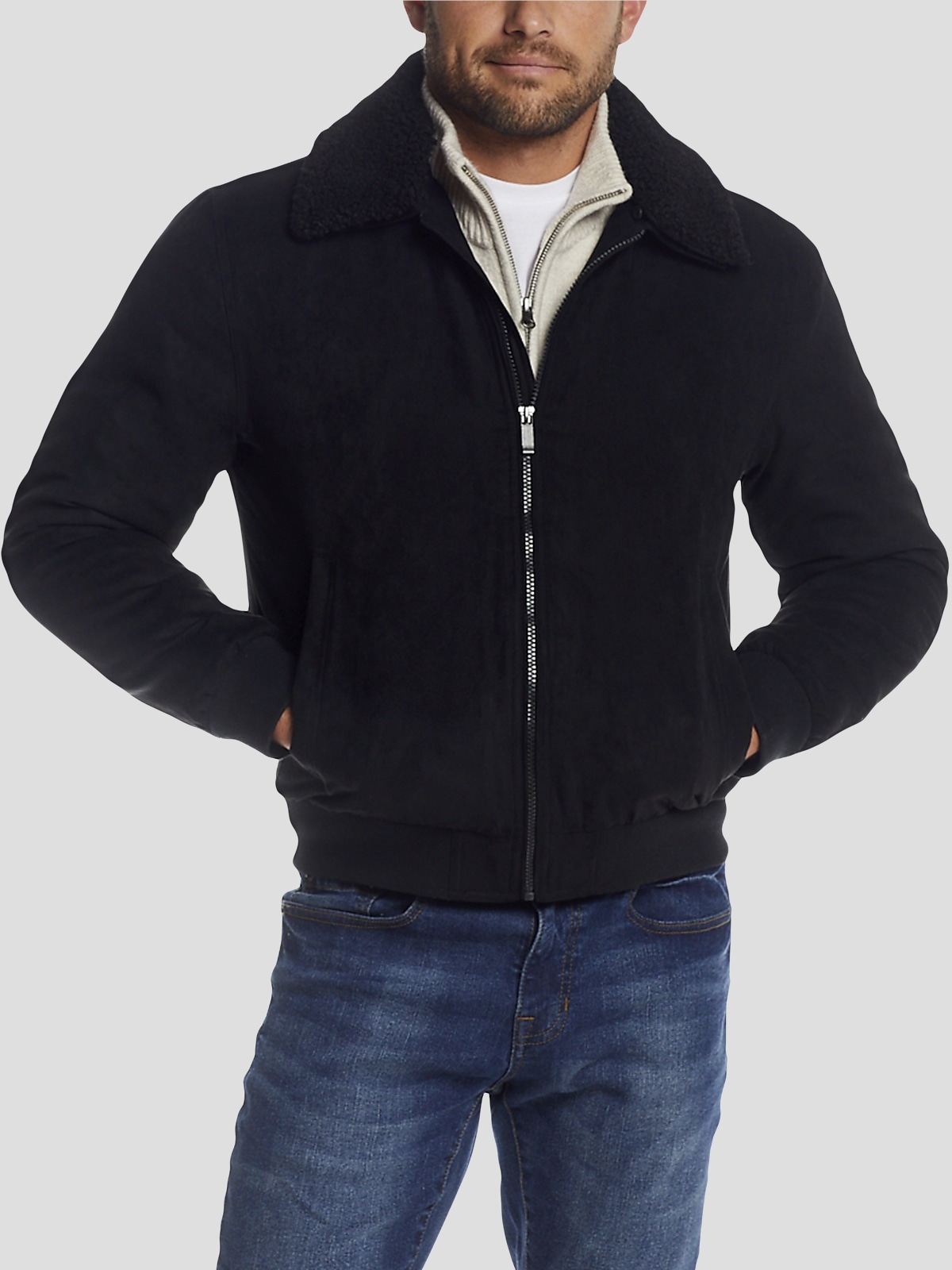 Weatherproof Modern Fit Microsuede Bomber With Detachable Faux Fur Collar Casual Jackets Men s Wearhouse