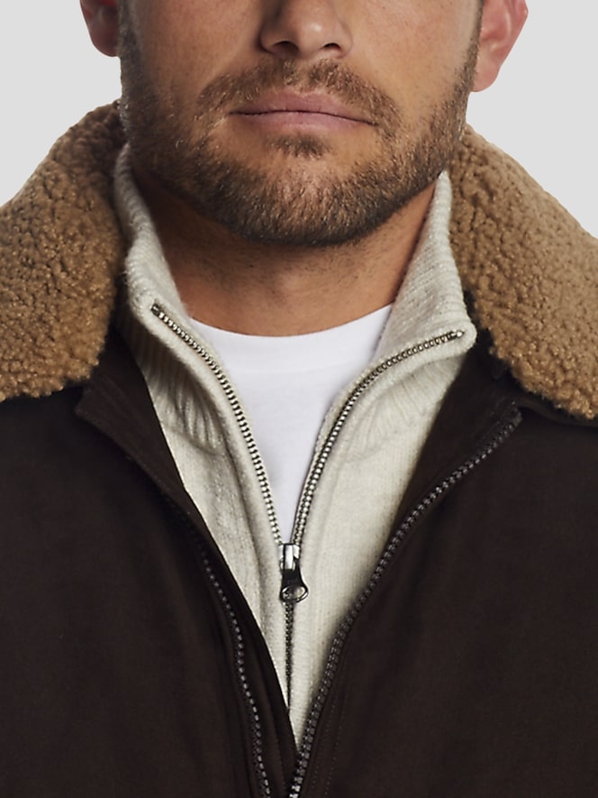 Weatherproof Microsuede Bomber Jacket with Detachable Faux Fur Collar