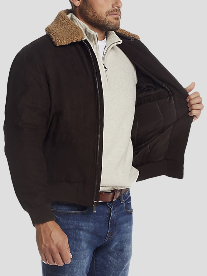 Weatherproof Microsuede Bomber Jacket with Detachable Faux Fur Collar