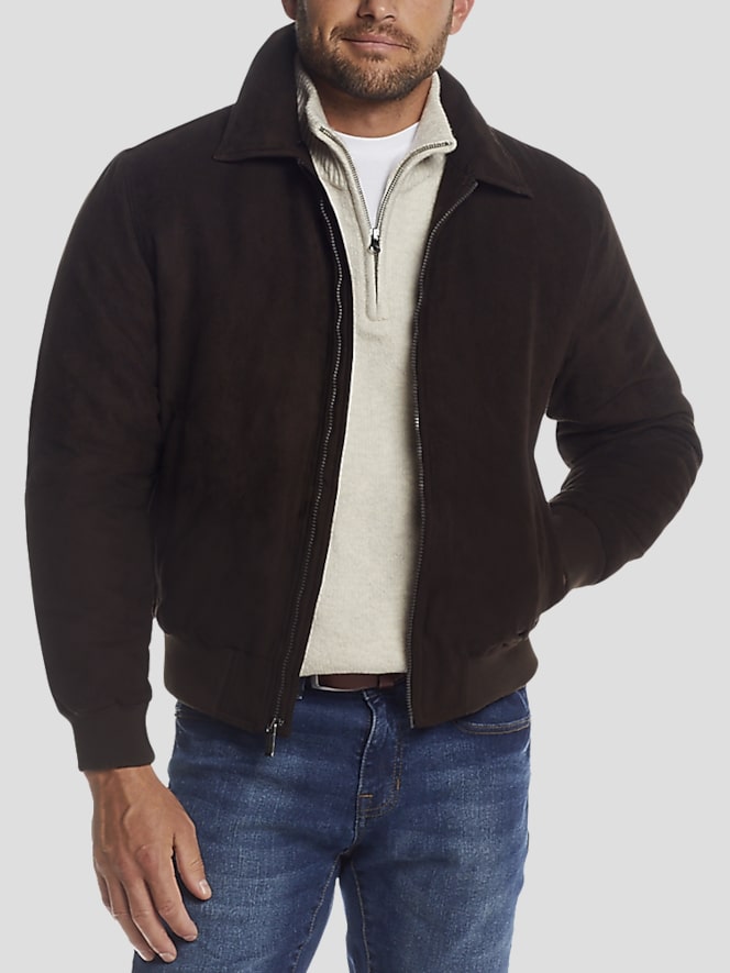 Weatherproof Microsuede Bomber Jacket with Detachable Faux Fur Collar