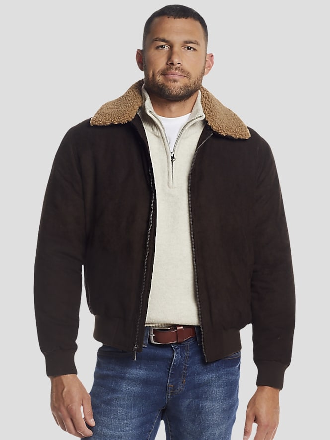 Weatherproof Microsuede Bomber Jacket with Detachable Faux Fur Collar