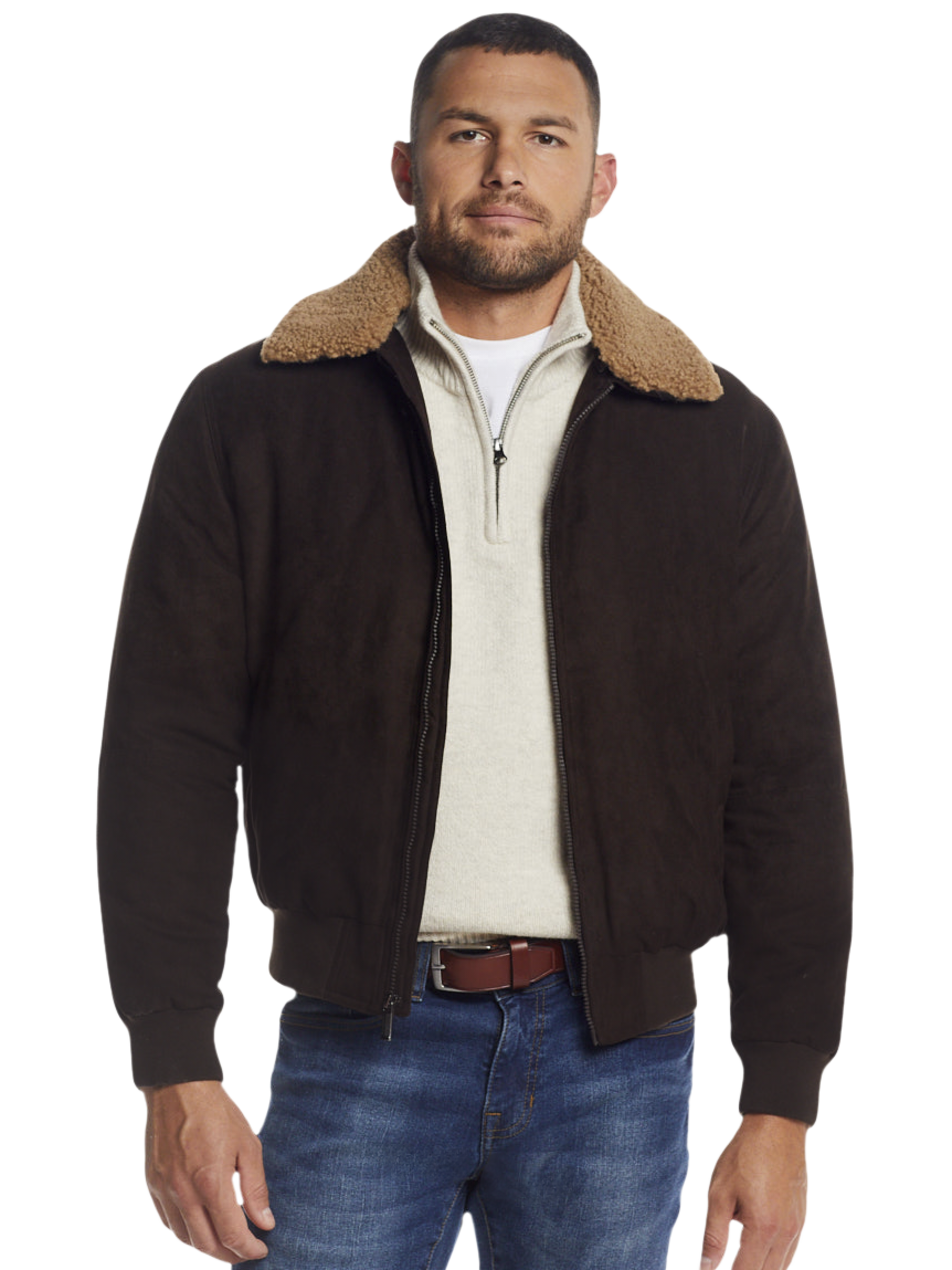Microsuede Bomber Jacket with Detachable Faux Fur Collar