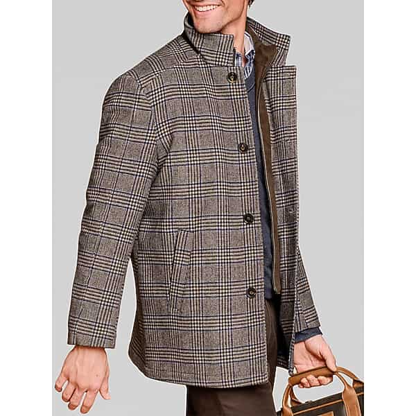 Johnston & Murphy Men's Upton Car Coat with Removable Bib Brown Plaid - Size: Large