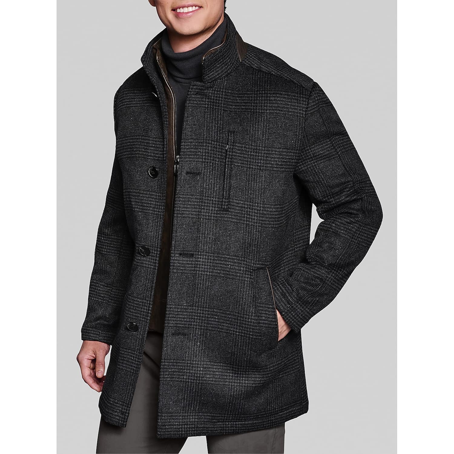 Johnston & Murphy Upton Men’s Car Coat with Removable Bib in Charcoal Gray Plaid – Medium Outerwear Jacket