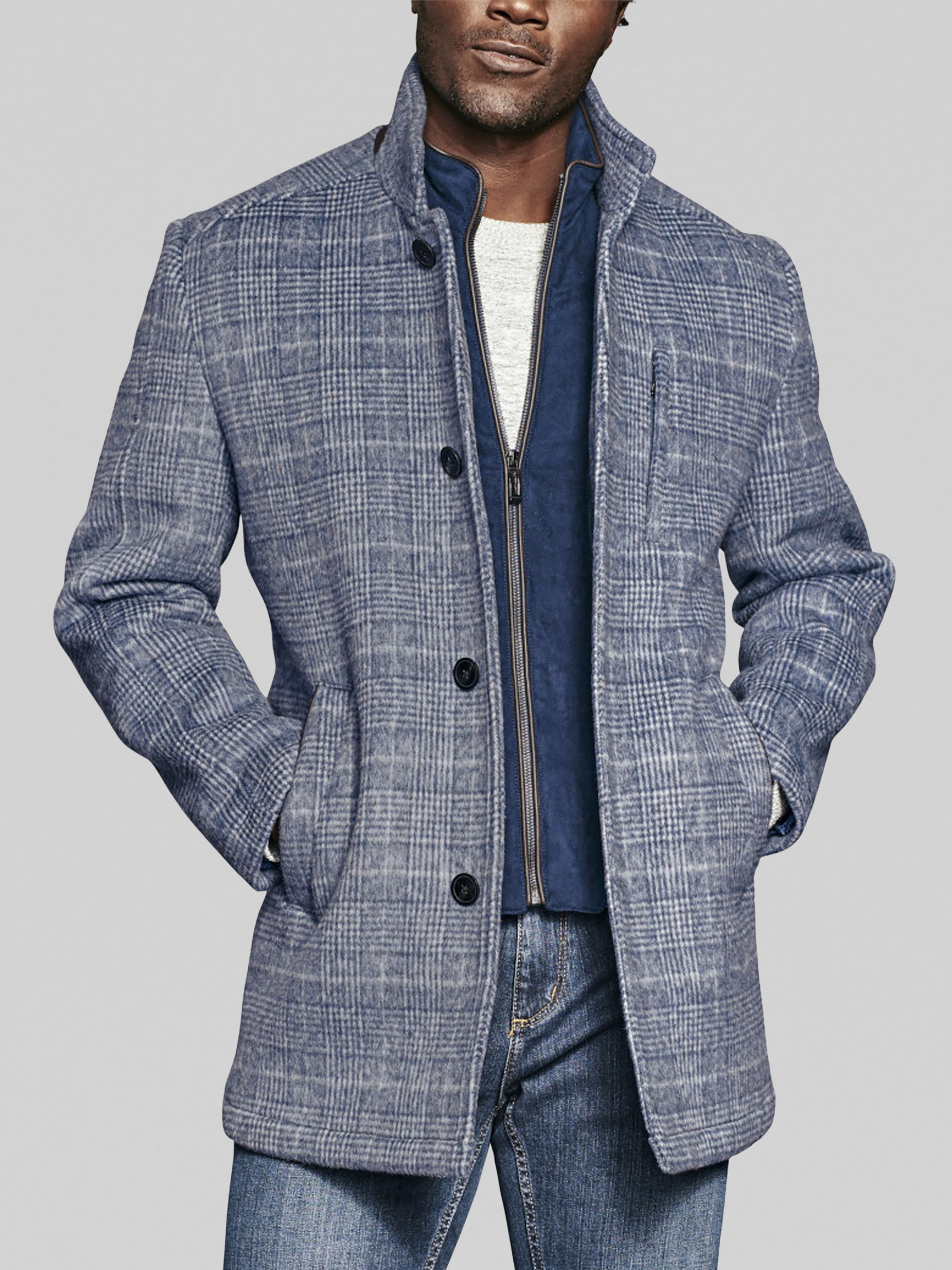 Johnston & Murphy Upton Car Coat with Removable Bib, Blue Plaid