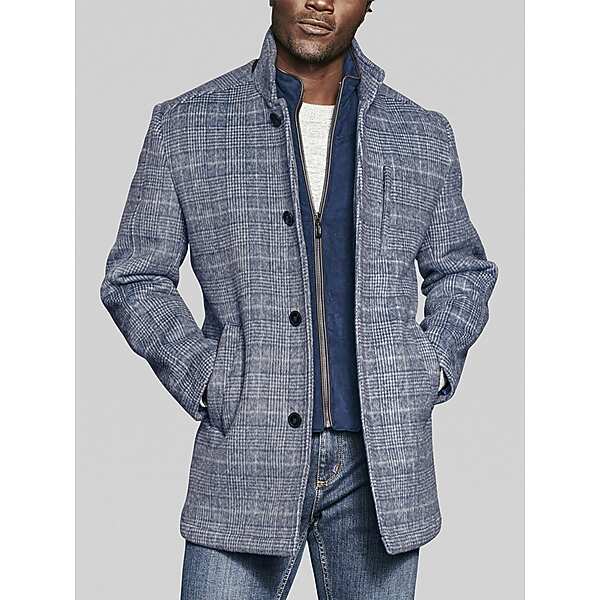 Johnston & Murphy Men's Upton Car Coat with Removable Bib Blue Plaid