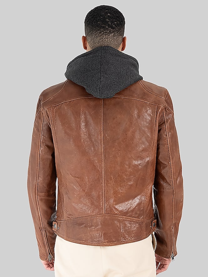 Mauritius Leather Zip Bomber with Removeable Hood