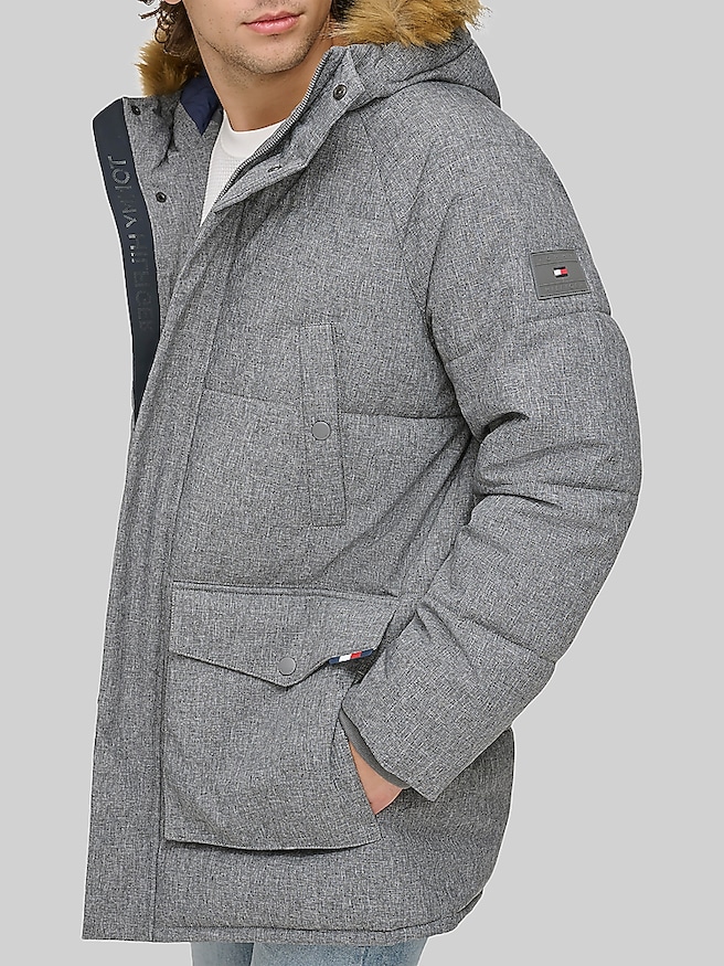 Tommy Hilfiger Big & Tall Men's Parka with Faux Fur Hood , Med Gray Solid