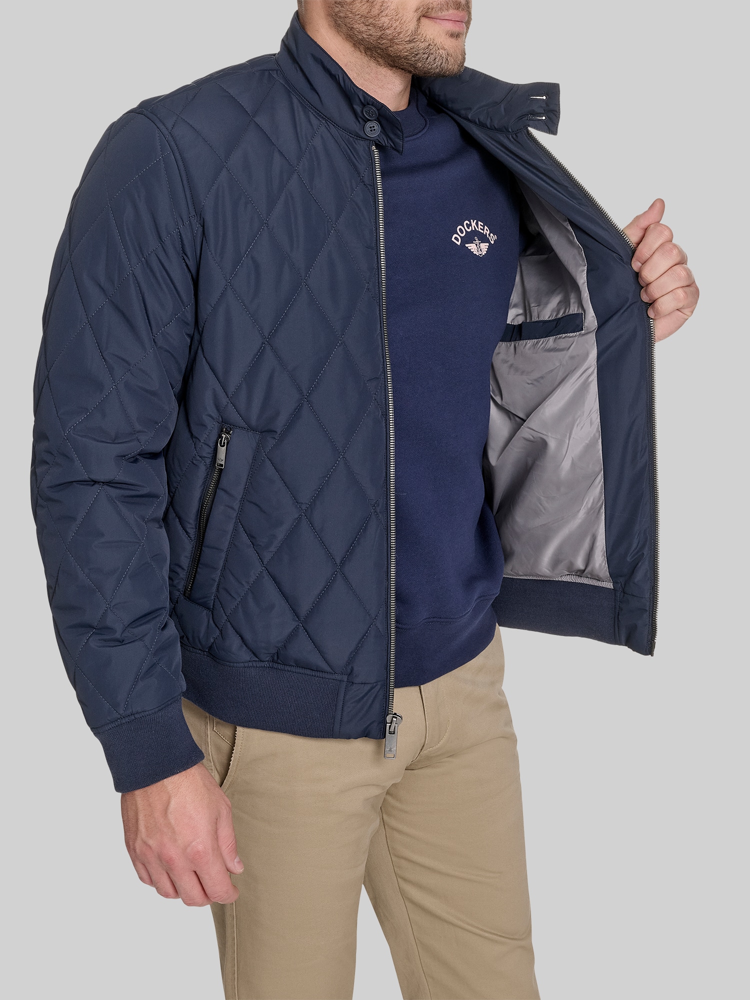 Diamond Quilted Bomber with Stand Collar