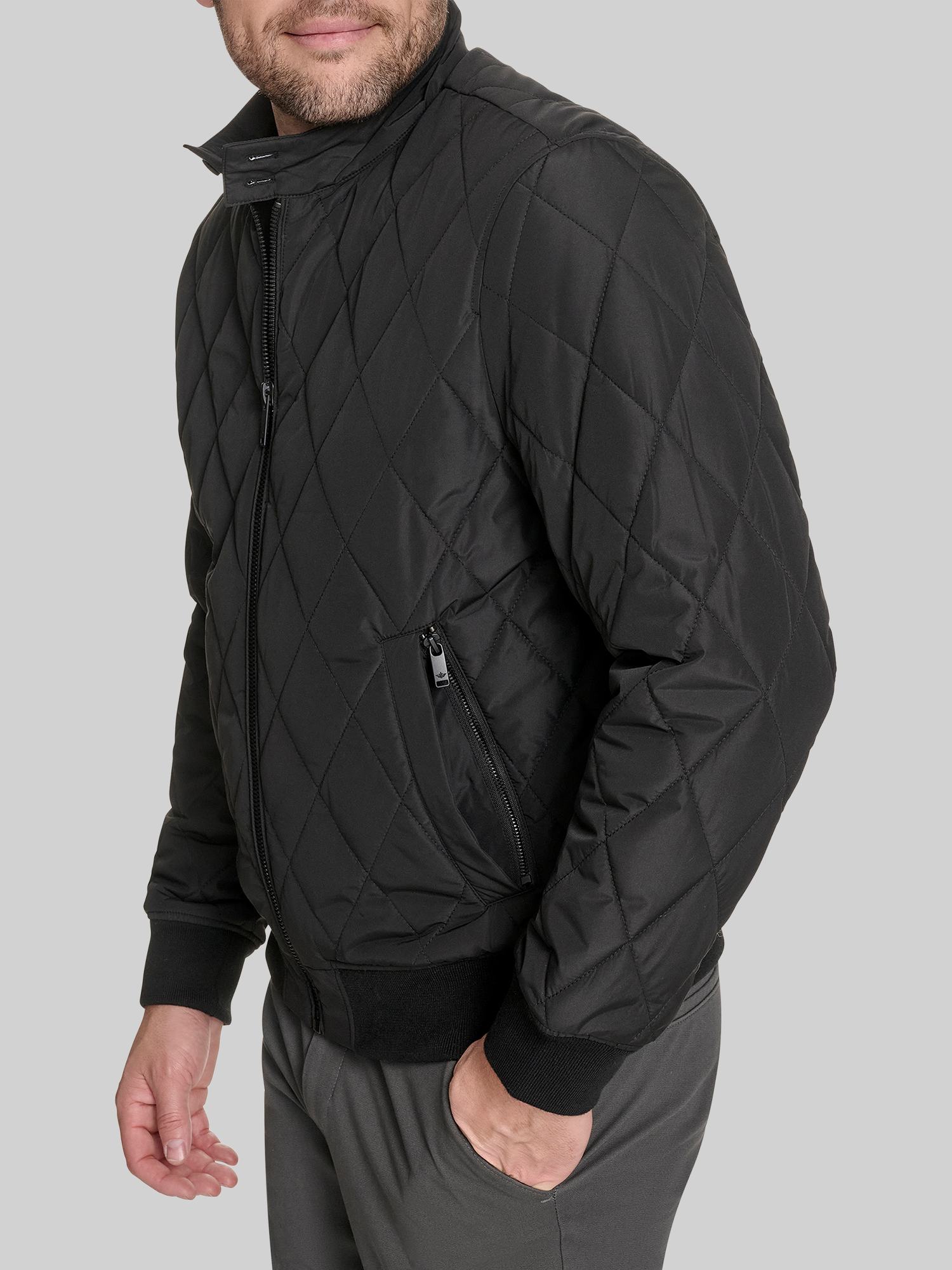 Diamond Quilted Bomber with Stand Collar