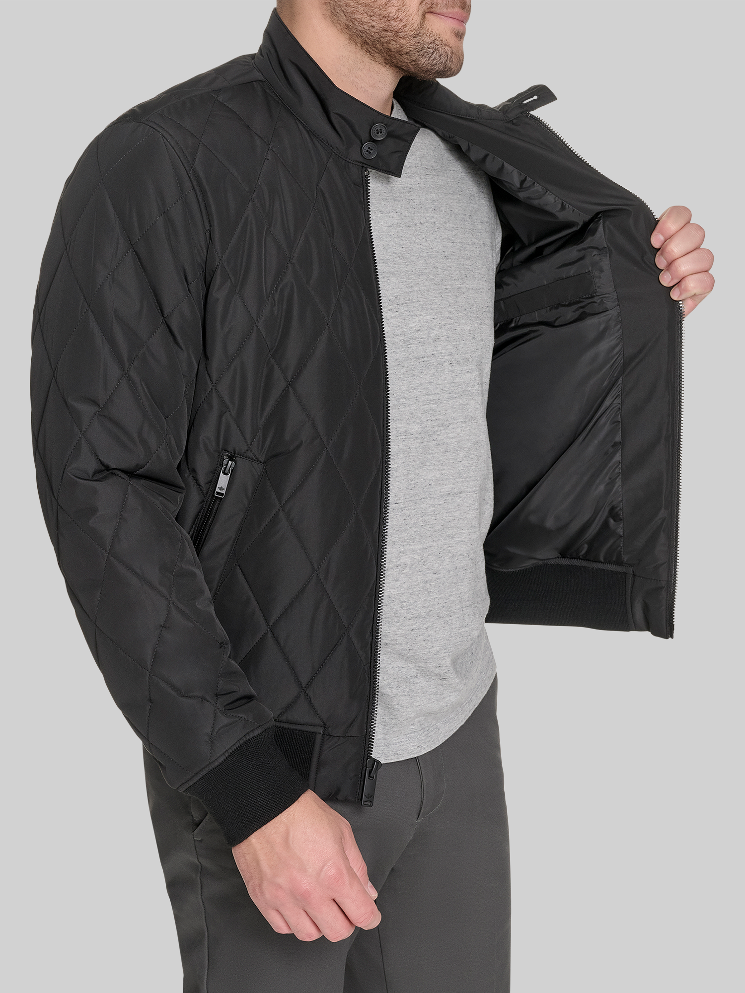 Diamond Quilted Bomber with Stand Collar