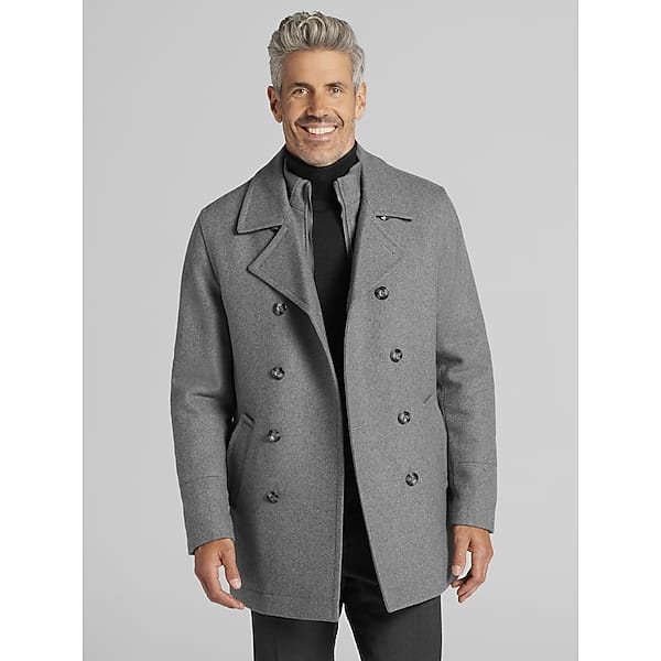 Joseph Abboud Big & Tall Men's Double-Breasted Signature Peacoat with Detachable Bib Light Grey - Size: LT