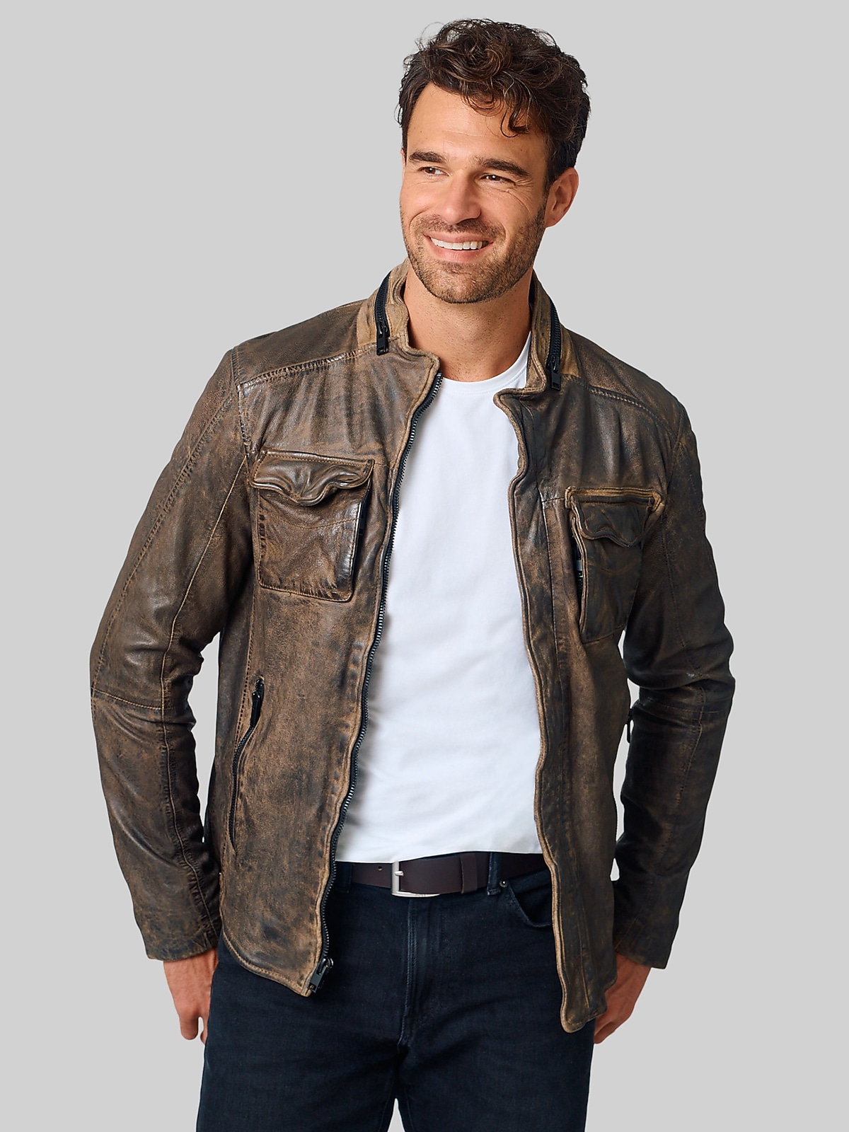 Mauritius Regular Fit Vintage Distressed Leather Jacket, Elephant 