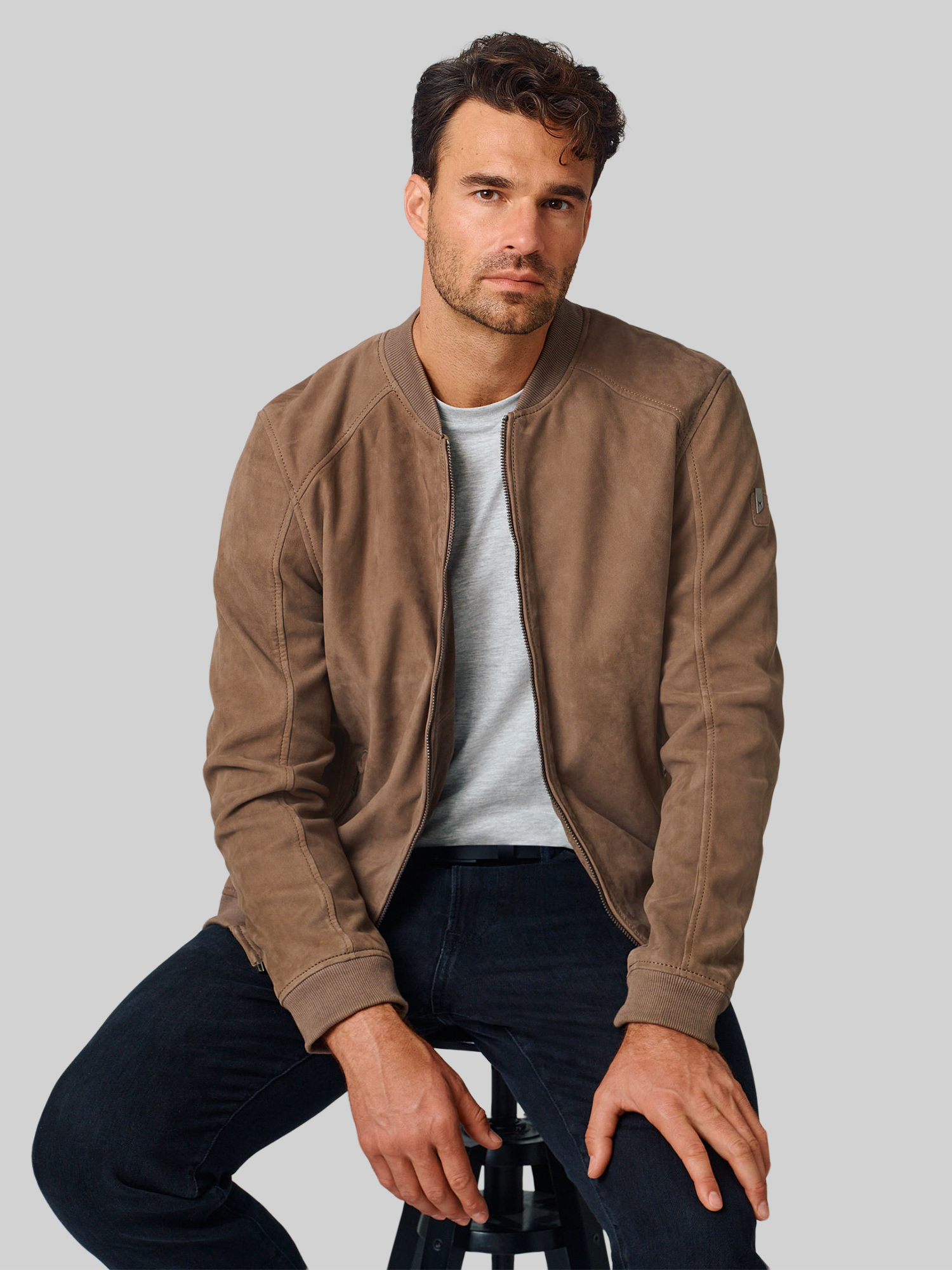 Regular Fit Nubuck Leather Bomber Jacket