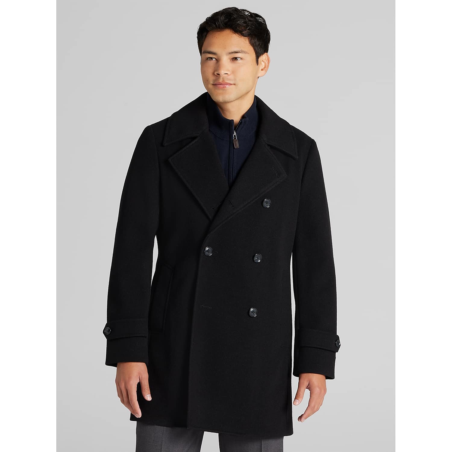 Tommy Hilfiger Floyd Men’s Double-Breasted Peacoat in Black – Classic Woven Polyester Coat, Size 36 Regular