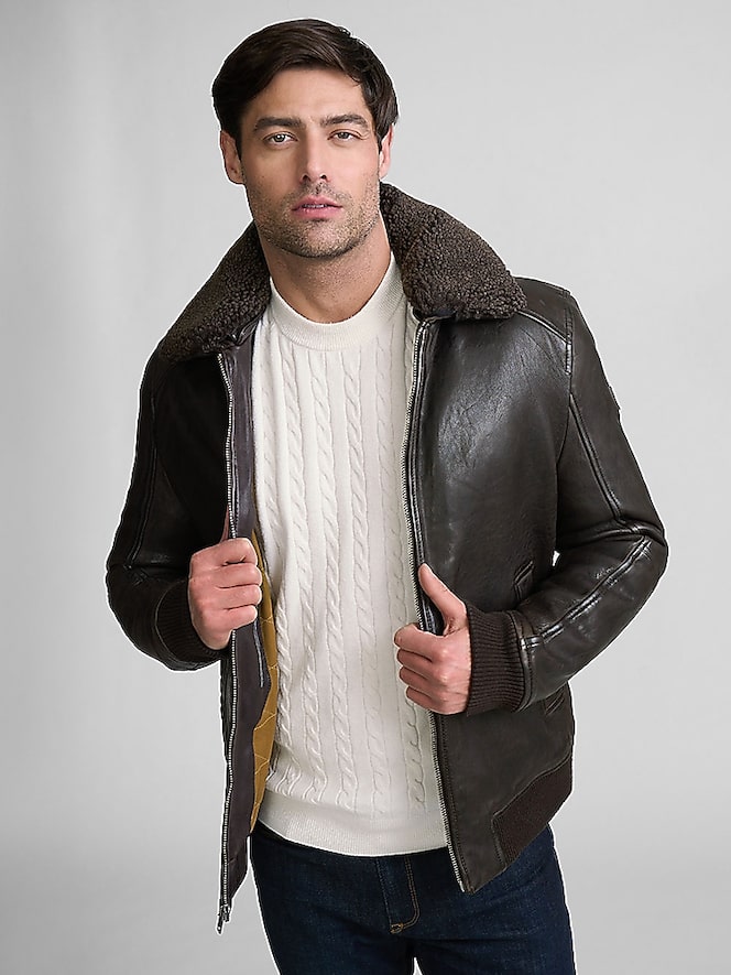 Mauritius Grovig Leather Shearling Collar Bomber Jacket