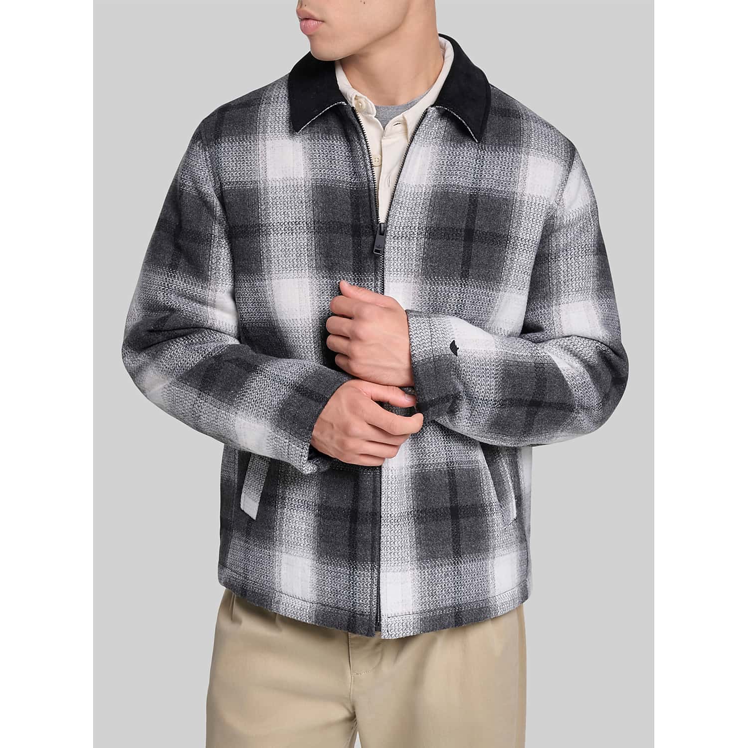 Dockers Men’s Plaid Laydown Collar Jacket in Grey Plaid – Full Zip Wool-Blend Casual Outerwear, Size Large