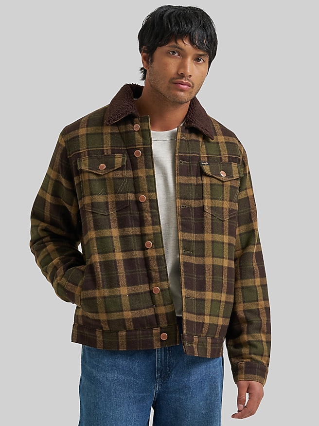 Wrangler Wrangler Sherpa Lined Trucker Jacket Olive Plaid