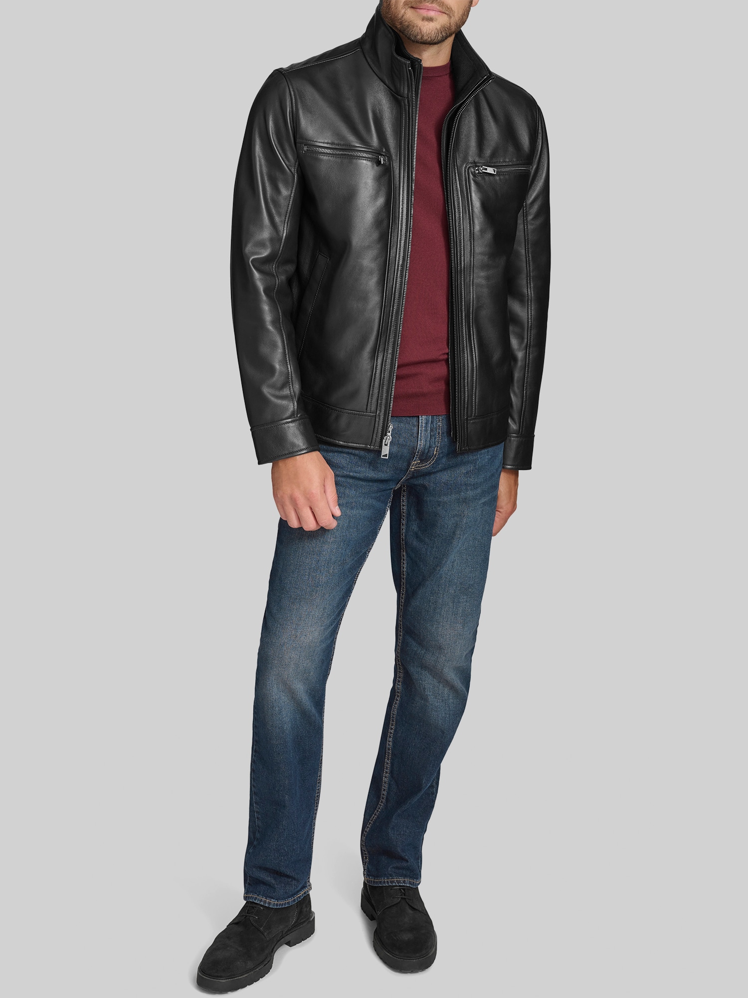 Lambskin Stand Collar Jacket with Bib