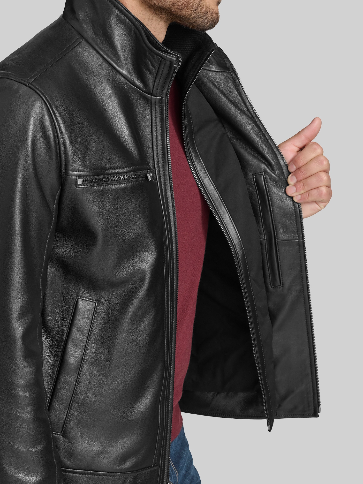 Lambskin Stand Collar Jacket with Bib