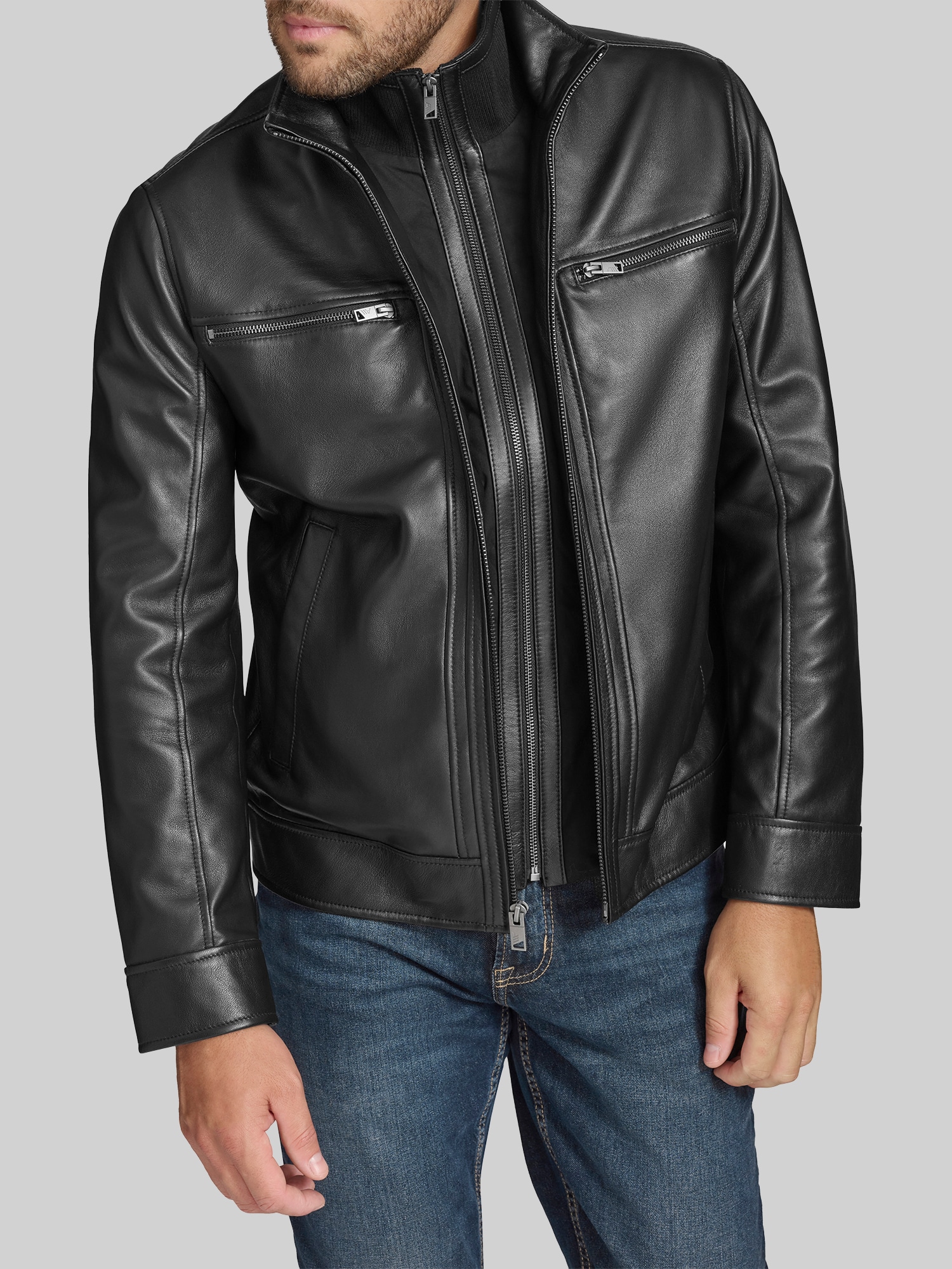 Lambskin Stand Collar Jacket with Bib