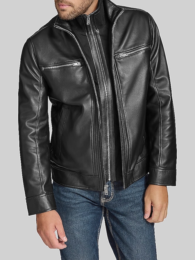 Andrew Marc Lambskin Stand Collar Jacket with Bib
