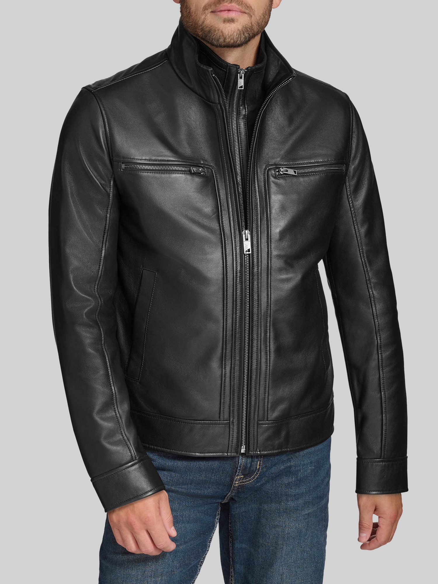 Lambskin Stand Collar Jacket with Bib