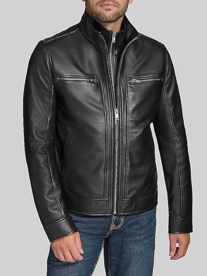 Andrew Marc Lambskin Stand Collar Jacket with Bib