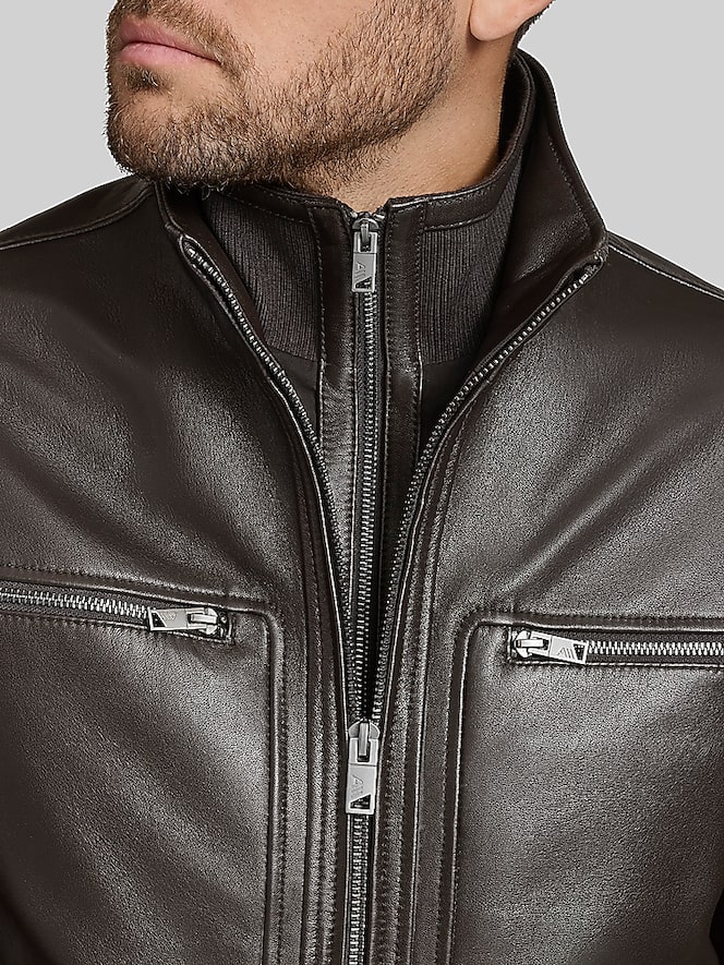 Andrew Marc Lambskin Stand Collar Jacket with Bib, Dark Brown - Image 2 of 7