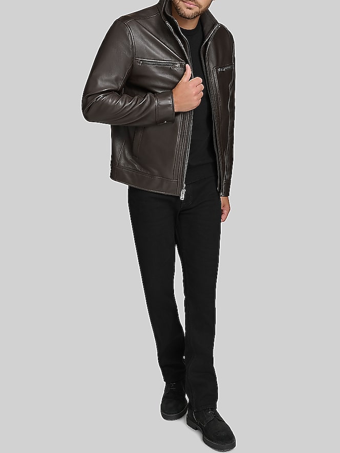 Andrew Marc Lambskin Stand Collar Jacket with Bib, Dark Brown - Image 3 of 7