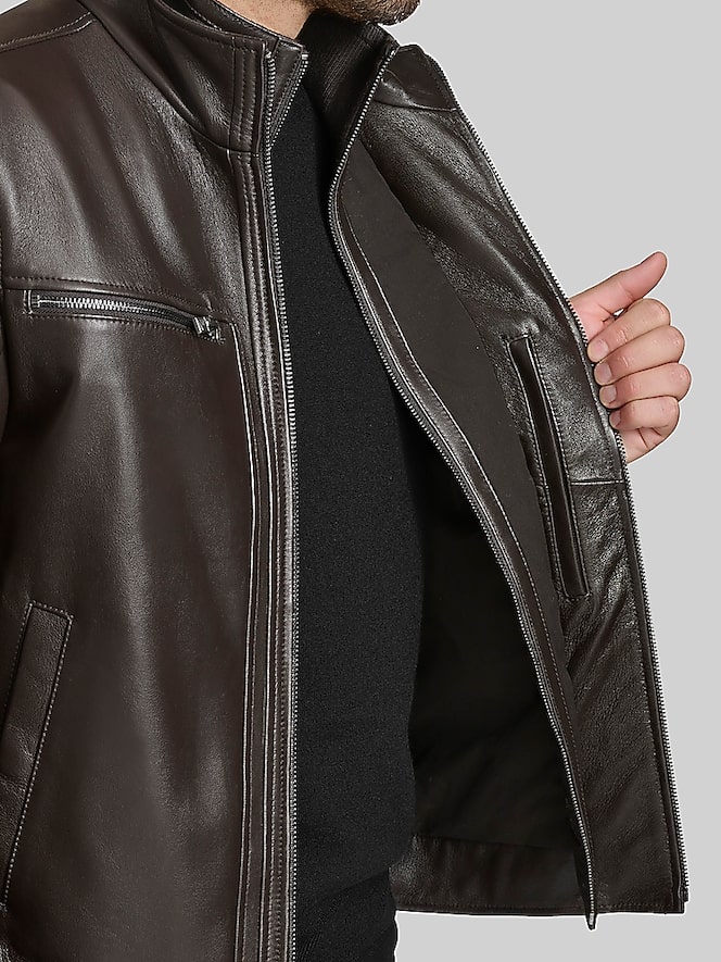 Andrew Marc Lambskin Stand Collar Jacket with Bib, Dark Brown - Image 6 of 7