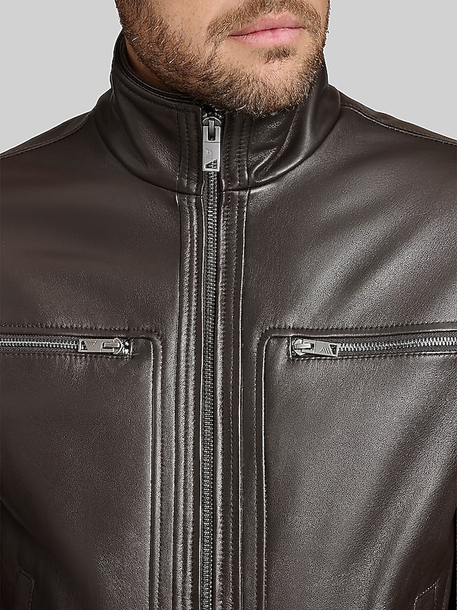 Andrew Marc Lambskin Stand Collar Jacket with Bib, Dark Brown - Image 7 of 7