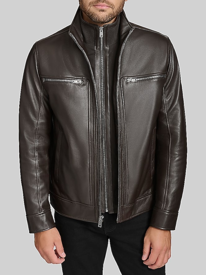 Andrew Marc Lambskin Stand Collar Jacket with Bib, Dark Brown - Image 1 of 7