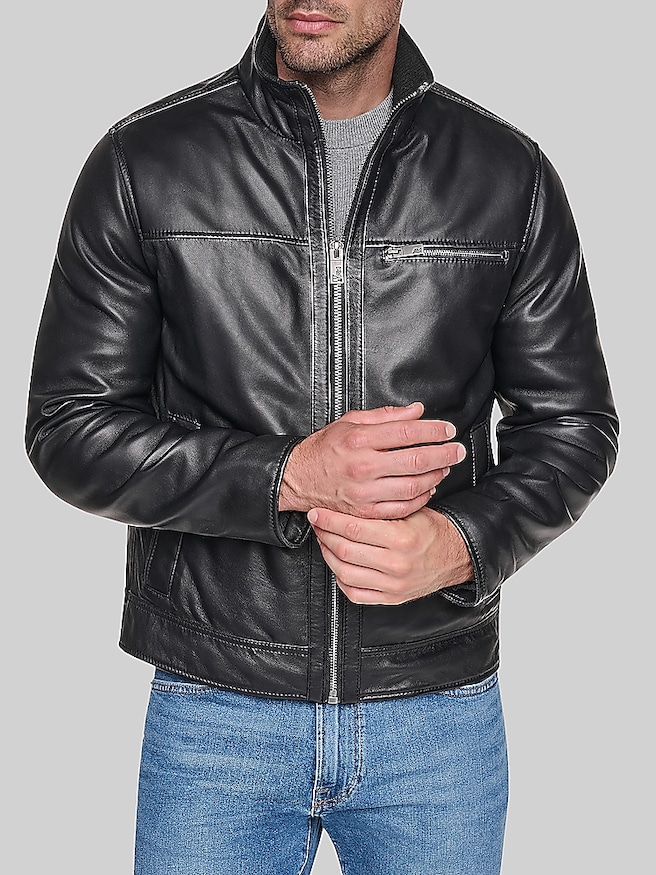Andrew Marc Lambskin Stand Collar Jacket with Faux Fur Liner Black
