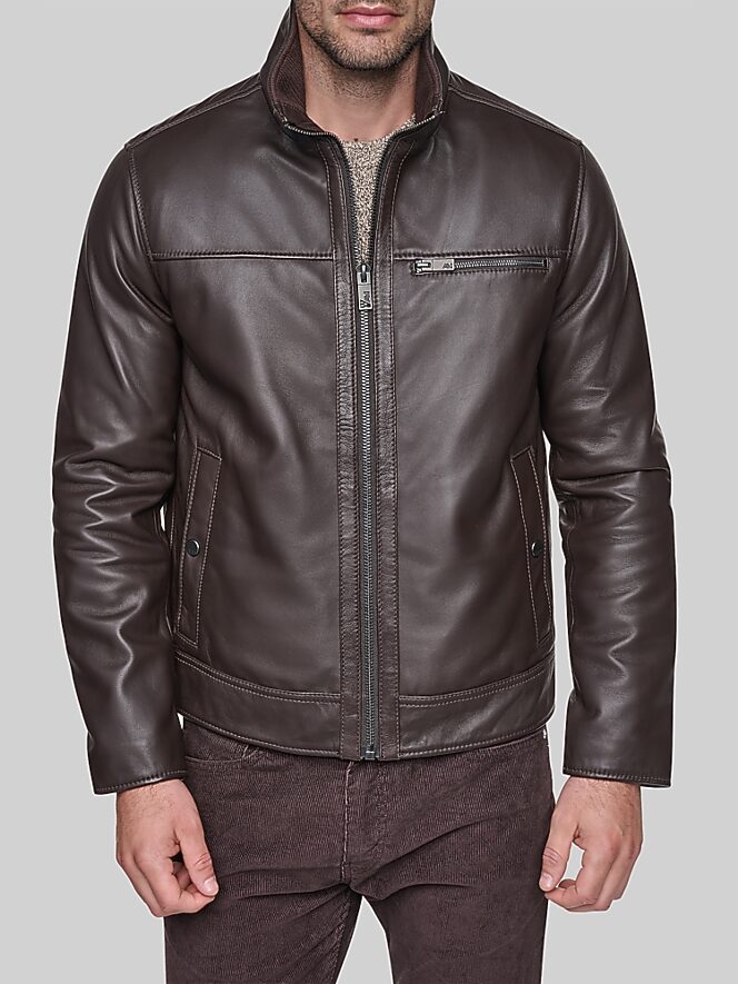 Andrew Marc Lambskin Stand Collar Jacket with Faux Fur Liner