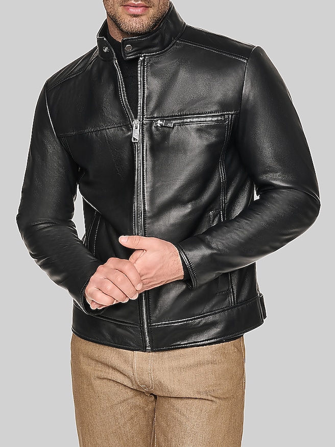 Andrew Marc Lambskin Racer Jacket with Bib Black