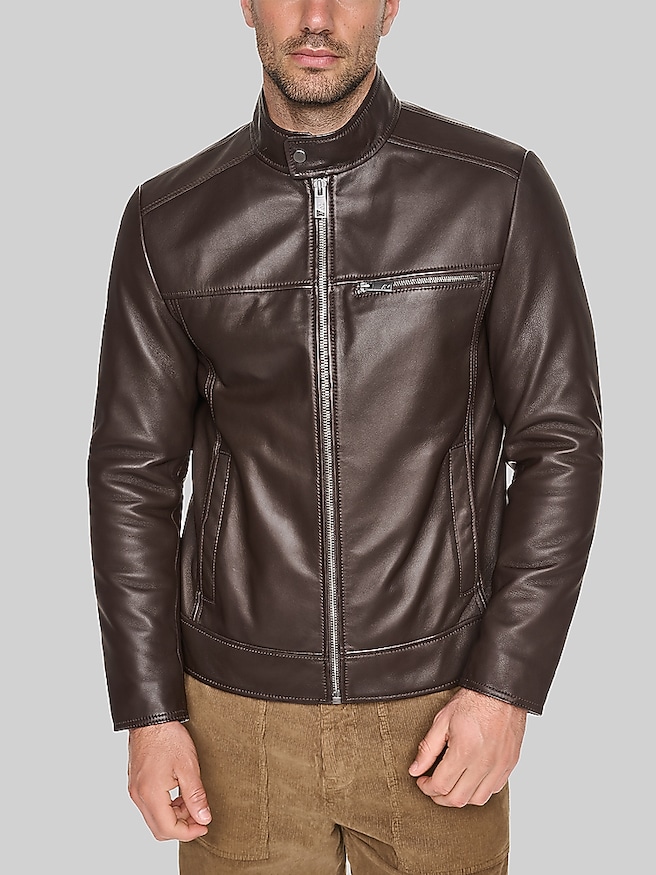 Andrew Marc Lambskin Racer Jacket with Bib Hickory