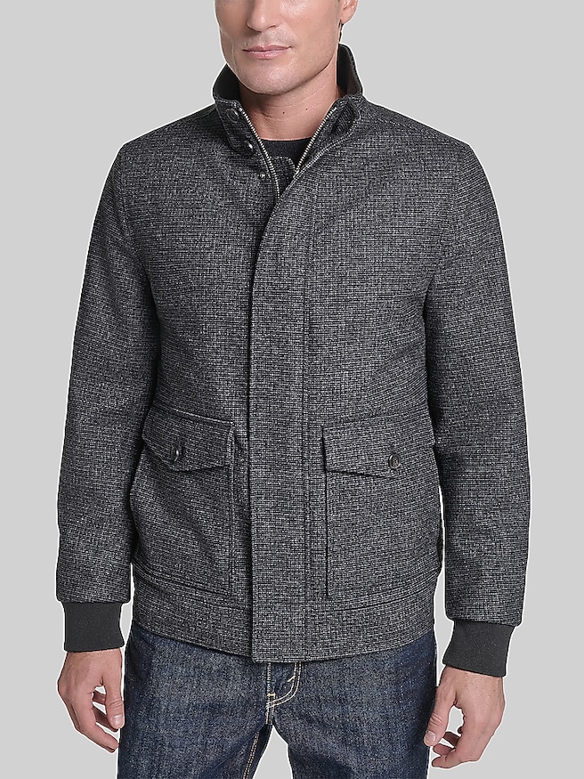 Cole Haan Wool Plush Stand Collar Bomber Coat Charcoal Multi