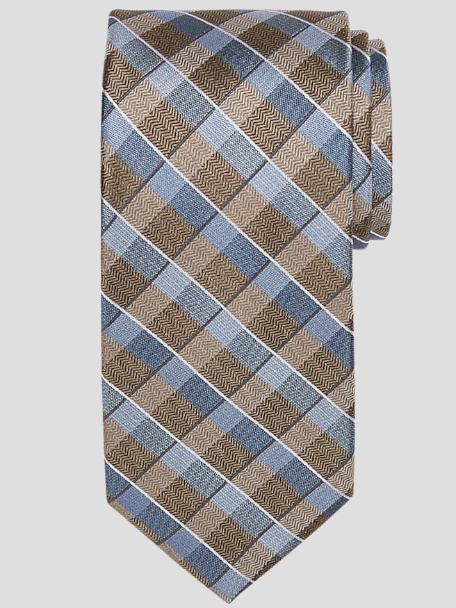Pronto Uomo Men's Narrow Plaid Silk Tie , Taupe/Blu Plaid / Brown