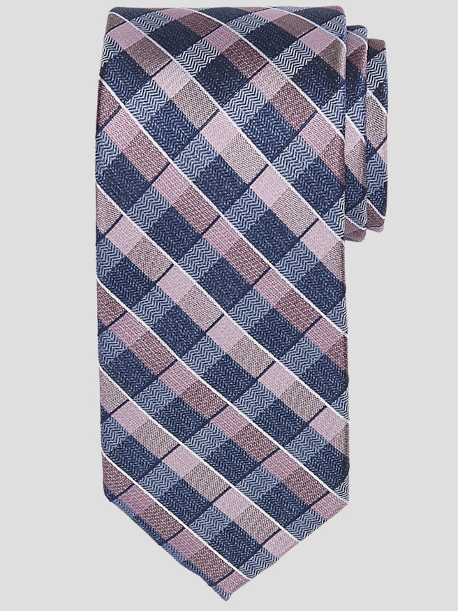 Pronto Uomo Men's Narrow Plaid Silk Tie , Pink/Blue Plaid