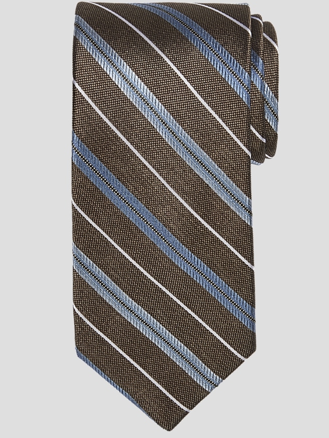 Pronto Uomo Men's Narrow Stripe Silk Tie , Taupe/Blue / Brown