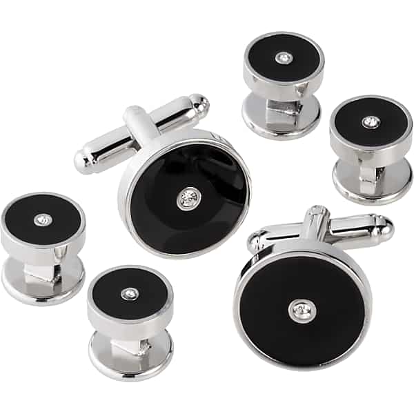 Pronto Uomo Men's Round Rhinestone Cufflinks & Studs Set Silver/Black - Size: One Size - Only Available at Men's Wearhouse TMW807T80019