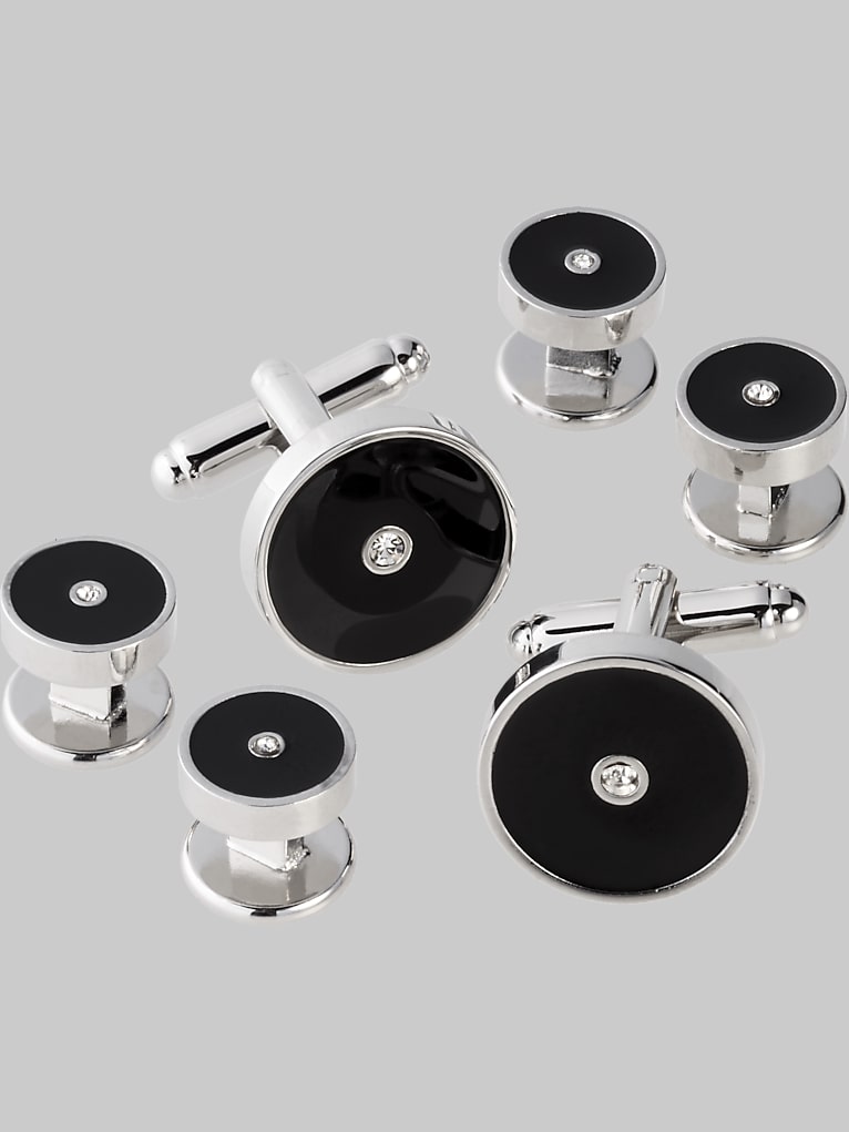 Pronto Uomo Round Rhinestone Cufflinks & Studs Set